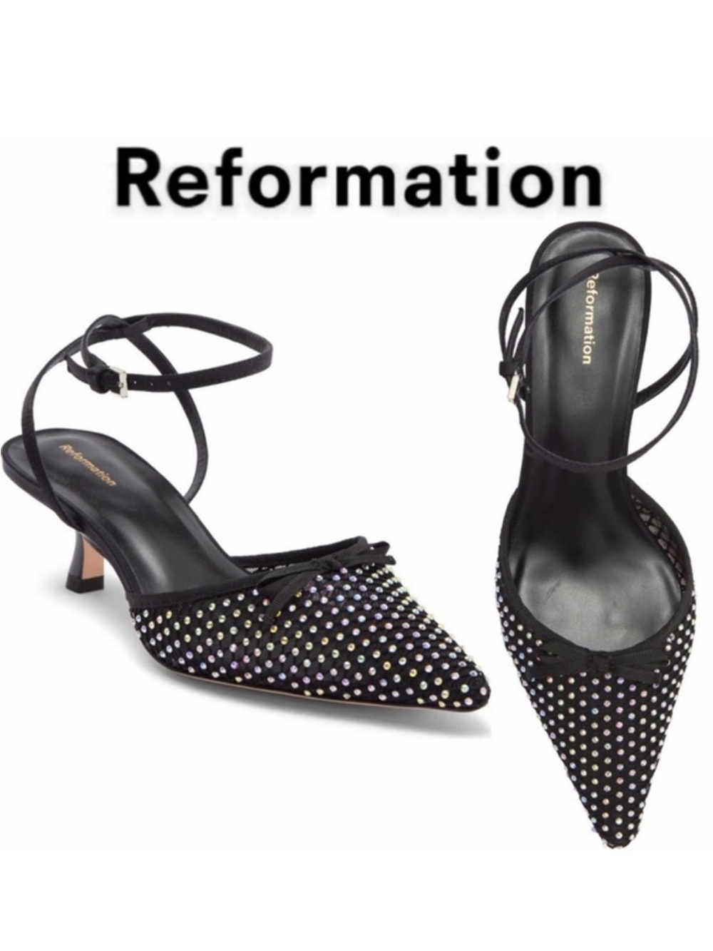 REFORMATION Wade Kitten Heel Pumps - Black Rhinestone Mesh